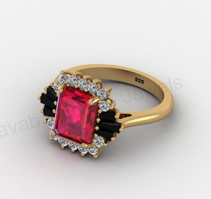 18K Gold 925 <b>Silver</b> Black Onyx & Ruby Quartz <b>Emerald</b> Cut Halo <b>Ring</b> CZ Prong Setting Engagement <b>Ring</b> Dainty Fine Jewelry For Her - Product Image 5