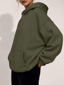 Sudadera con Capucha Extra Grande para Mujer, Color Verde Oliva, con Bolsillos, Corte Regular, Estilo Casual, Material de Felpa, Color Sólido - Product Image 2