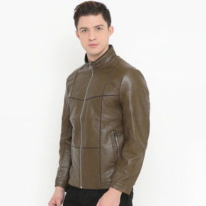 Blouson moto homme en cuir PU marron, col montant, fermeture éclair, coupe ajustée, manches classiques, couleur unie, pour l'automne - Product Image 1
