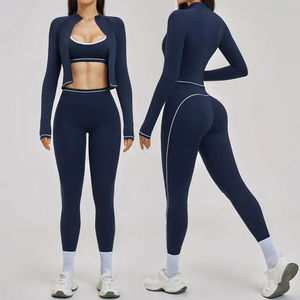 Ensemble de yoga 2 pièces pour femme : Crop top et leggings taille mi-haute, couleur unie, rayé, en spandex, sans couture, taille élastique, longueur intégrale, tenue de sport - Product Image 6