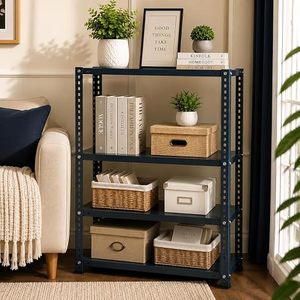 Étagère de rangement métallique à quatre niveaux, style industriel, réglable en hauteur, bleue, sur pied, pour l'organisation des articles divers dans le salon - Product Image 5
