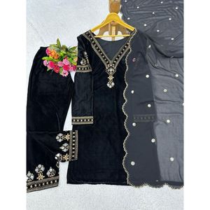 ด้ายกำมะหยี่แฟนซีพร้อมกระจกทำงานด้านบนด้านล่างมีสีดำ dupatta - Product Image 1