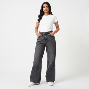 Pantalon en jean taille haute délavé coupe large pour femme, longueur intégrale, style décontracté, pyjama, style américain - Product Image 1