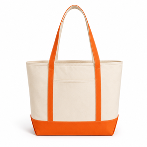 Premium Eco-Friendly Recycled Cotton Canvas Boat Tote Medium Size <b>Shoulder</b> Handle <b>Cream</b> Orange Gusset Front Pocket Gift Reusable - Product Image 1