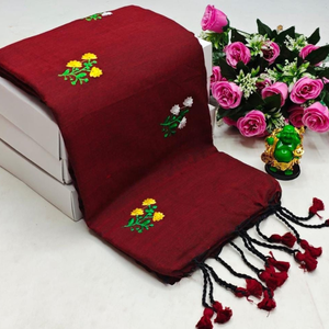 Étole élégante brodée marron – Dupatta ethnique indien traditionnel avec broderie florale et bordure à pompons - Product Image 1