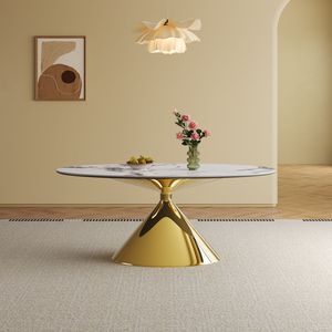 Set Tavolo da Pranzo Moderno di Lusso in Marmo da 180 cm, Elegante Tavolo da Cucina Ovale Contemporaneo per 4-6 Persone con Base in Acciaio Inox Dorato - Product Image 1