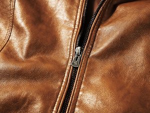 <b>Men's</b> <b>Brown</b> PU <b>Leather</b> Moto <b>Jacket</b> Crew Neck Slim Fit Winter Style Quick Dry Vintage Casual - Product Image 3
