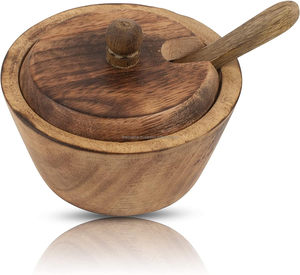 Azucarero y cuchara de madera rústica hecha a mano con tapa, soporte para tarro de especias, condimento, nueces, cuenco para servir, decoración del hogar y la cocina - Product Image 3