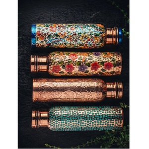 Handcrafted Copper <b>Water</b> <b>Bottle</b> Set With Floral Lids <b>Metal</b> Drinkware Oriental Design Portable Flask Home Use - Product Image 4