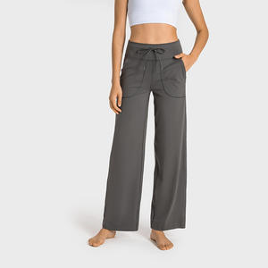 Pantalon large taille haute pour femme, couleur unie, en tricot de coton élasthanne, coupe décontractée, avec cordon de serrage, longueur totale - Product Image 3
