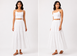 Boho White Tiered A-Line Maxi <b>Skirt</b> Women Summer Casual <b>Elastic</b> Waist Flowy Cotton Natural Waist Beachwear Holiday Outfit - Product Image 2
