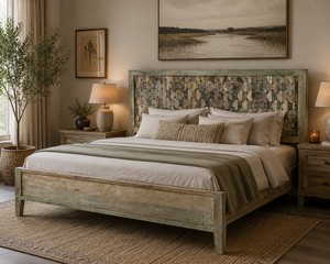 Lit plateforme king size en bois de manguier massif rustique avec tête de lit récupérée, meubles de chambre à coucher géométriques faits à la main - Product Image 2