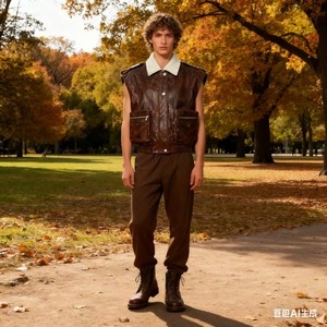 Retro Distressed PU Two-Piece Look Fleece Collar <b>Utility</b> <b>Vest</b>-Men's Winter Outerwear Casual Multi-Pocket Sleeveless Waistcoat - Product Image 4