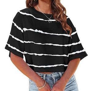 T-shirt court à rayures tendance pour filles, design actuel, coupe ample, respirant, streetwear, col rond, sexy, pour le yoga - Product Image 1