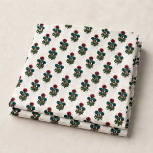 Hand Block Printed Cotton Fabric <b>Set</b> Red Floral Teal Leaf Motif White Base Buta Pattern Dress Material Kurta Suit Dupatta <b>Sewing</b> - Product Image 2