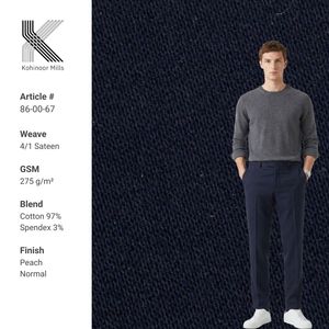 Tissu satiné 4/1 en coton et élasthanne pour hommes, 275 GSM, extensible et lisse, finition pêche, fournisseur en gros OEM ODM - Product Image 1