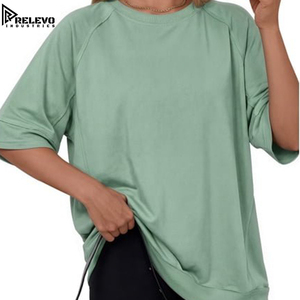 Custom Women's Oversized T-Shirt Sage Green Crewneck, <b>Top</b> Short Sleeve Sweatshirt Side Pockets <b>Raglan</b> Sleeve Casual Lounge - Product Image 2