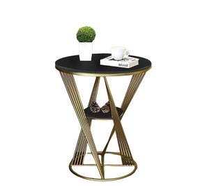 Table basse design industriel moderne, gain de place, avec étagère de rangement, plateau en marbre, structure en métal finition dorée, meubles de salon - Product Image 1