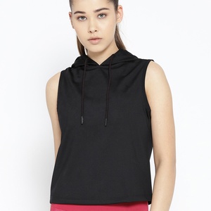 Sudadera sin mangas con capucha para mujer, negra, de punto, poliéster transpirable, corte regular, ropa informal de verano - Product Image 6