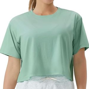 Forest Green Crew Neck Women Yoga Crop Tops Cotton Blend Lightweight High Quality Fitness Shirts - Product Image 4