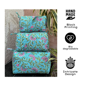 Jaipur Sustainable Travel Pouch Set of 3 Premium Quilted Cotton Makeup Organizer Waterproof Zip Closure Floral Hand Block Print - Product Image 1