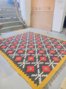 Tapis d'intérieur en laine et jute tissé à la main, motif géométrique, style Kilim Bohème Marocain Tribal Sud-ouest, couleur Rouge Charbon Moutarde, pour salon - Product Image 3