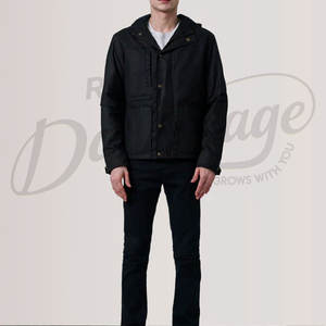 Veste en toile cirée noire pour homme, résistante à l'eau, à capuche, veste de plein air décontractée, coupe ajustée, veste de campagne en coton avec poches - Product Image 5