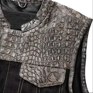 Men's Custom Crocodile Pattern Leather Motorcycle <b>Vest</b> <b>Denim</b> Style Stand Collar Biker <b>Vest</b> With Pockets OEM - Product Image 4