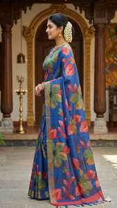 Sari en soie GACHI TASSAR pour femmes, tenue traditionnelle indienne pour mariage, motifs floraux bleus, rouges et verts, longueur au sol, coupe classique, infroissable - Product Image 2