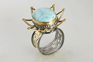 Anillo de Cóctel Vintage con Estrella, Plata de Ley 925, Chapado en Oro, con Piedra de Larimar Natural en Engaste de Bisel, Unisex, para Uso Diario, Joyería Fina - Product Image 3