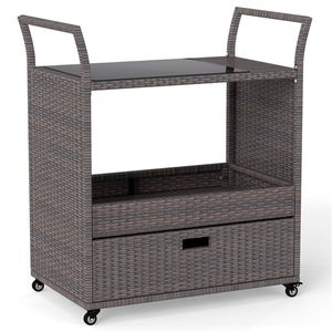 Carrello Bar da Esterno in Rattan PE Intrecciato a Mano con Piano in Vetro Temperato e Cassetto, 4 Ruote con Freni, Carrello di Servizio per Arredamento da Giardino - Product Image 3
