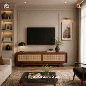 Meuble TV scandinave de style européen en rotin, console multimédia en acajou massif, fabriqué en Indonésie - Product Image 1