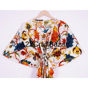 Kaftan en coton floral fait main pour femme, robe courte, paréo de plage, imprimé au bloc, vêtement de nuit, robe longue, caftan pour femme - Product Image 3
