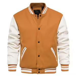Veste universitaire orange pour homme, manches blanches, couleur unie, boutons sur le devant, style décontracté, coupe classique, col rabattu, vêtement d'automne - Product Image 1