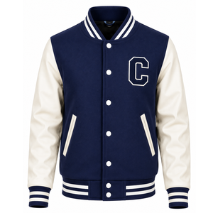 Veste universitaire pour homme de haute qualité, bleu marine avec manches crème, lettre C brodée sur le devant, col rabattu, style preppy, automne - Product Image 1