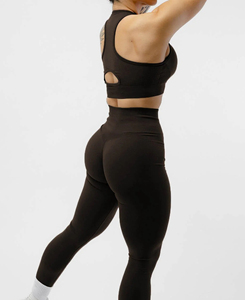 Conjunto de Yoga de 2 Piezas para Mujer, Color Negro, con Tirantes Cruzados, Cintura Media, Leggings Largos, Cierre Frontal, Transpirable, Sin Costuras, Spandex - Product Image 2