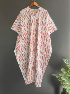 Vestido Largo Kaftan Bohemio con Estampado de Peces, Cuello en V, Corte Holgado para Mujer, Atuendo Maxi de Algodón para Vacaciones - Product Image 3