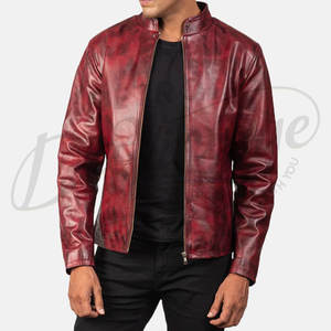 Veste en cuir véritable rouge rétro pour homme, style motard vintage, col montant, coupe ajustée, manteau d'hiver décontracté - Product Image 3
