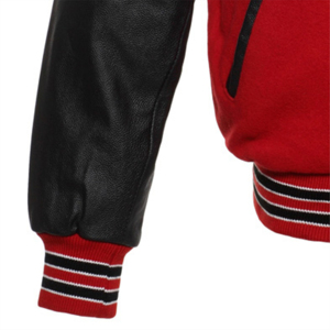 Custom High Quality Wholesale Men <b>Red</b> Wool Varsity Bomber Letterman Jacket With Black Genuine Leather Sleeves And Attached Hood - Product Image 2
