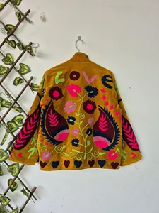Handmade <b>Yellow</b> Velvet Suzani Embroidered Jacket with Floral Print Full Sleeve Stand Collar Bohemian Women's Winter <b>Coat</b> - Product Image 2