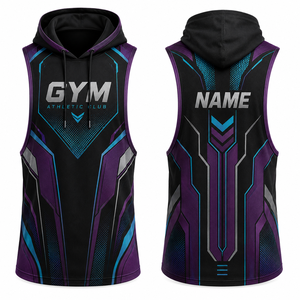 Débardeur à capuche sans manches pour homme, imprimé géométrique, séchage rapide, coupe sportive, longueur normale, en polyester tricoté, vêtement de sport d'été - Product Image 1