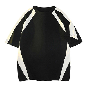 T-shirt décontracté pour homme, col rond, coupe oversize, manches raglan, tricoté, blocs de couleur contrastés, noir et blanc - Product Image 1