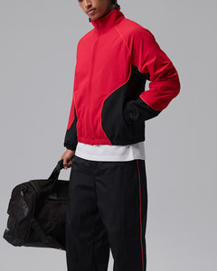 Unisex Red Black Color Blocking Fleece <b>Racer</b> <b>Jacket</b> Hooded Zipper Closure Breathable Sporty Windproof Autumn Wear Front Logo - Product Image 4
