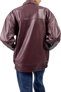 Chaqueta Bomber de Cuero Genuino Color Borgoña para Mujer, Manga Larga, Cuello Camisero, Cierre de Cremallera, Estilo Casual Otoñal - Product Image 2