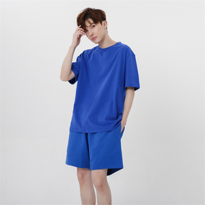 Ensemble de t-shirts en coton bleu uni surdimensionnés pour hommes, décontractés, à manches courtes, col rond, tricotés, respirants, t-shirts surdimensionnés pour hommes - Product Image 2