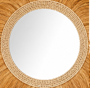 Round Rattan Decorative <b>Mirror</b> with Natural Grass Sunburst Frame Bohemian Handmade Wall Art for Home Living Room - Product Image 3