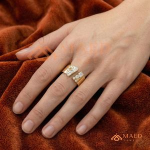Luxury 14K/18K Solid Gold Asymmetric <b>Open</b> Band <b>Ring</b> | Lab Grown Diamond Baguette & Round Cluster Bypass <b>Ring</b> | Engagement <b>ring</b> - Product Image 4