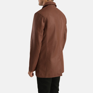 Manteau long en cuir véritable marron pour homme, col chemise, simple boutonnage - Product Image 3