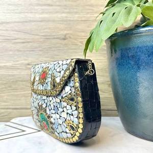 Ladies Classic Square Folk Art Clutch Bag with <b>Mosaic</b> Design Mixed Colors Mother Pearls & Kundan Craft-Wedding Favor - Product Image 1