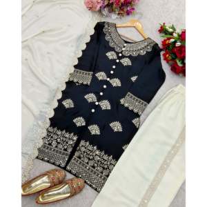 ชุดออกงานสำหรับผู้หญิง ดีไซน์เนอร์ ประกอบด้วยเสื้อท็อป กางเกงพลazzo และผ้าคลุมไหล่ ประดับด้วยงานปักเลื่อม - Product Image 5